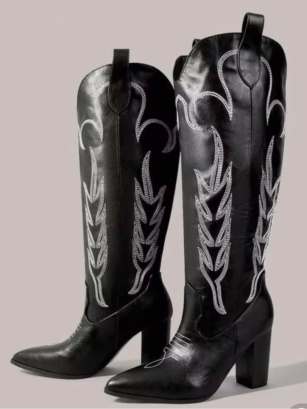 Black Embroidered Western Knee-High cowboy Boots